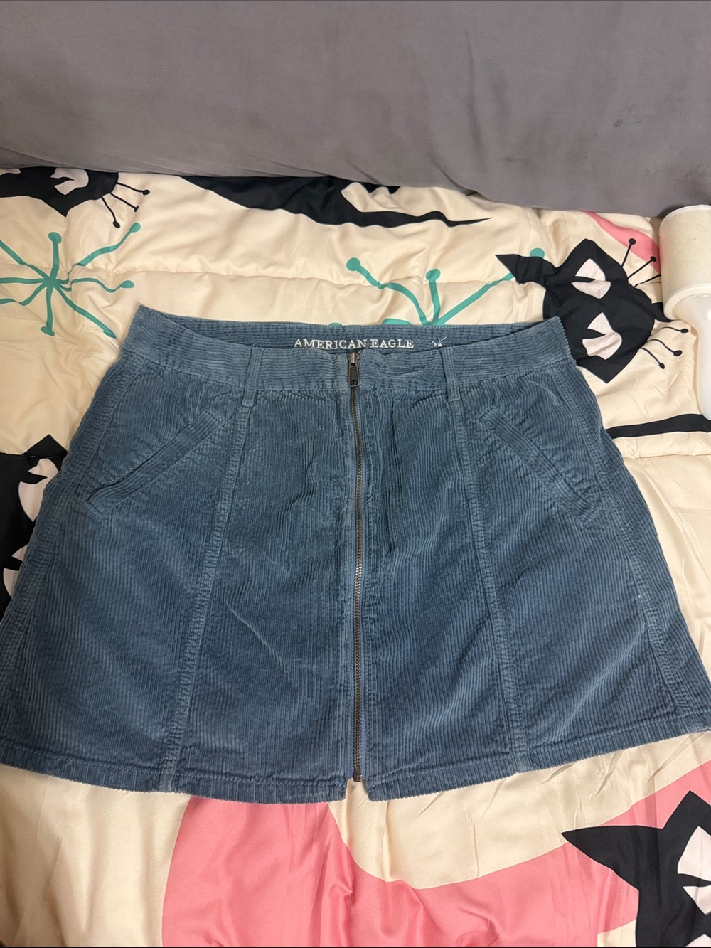 American Eagle Outfitters Slate Blue Corduroy Front-Zip Mini Skirt